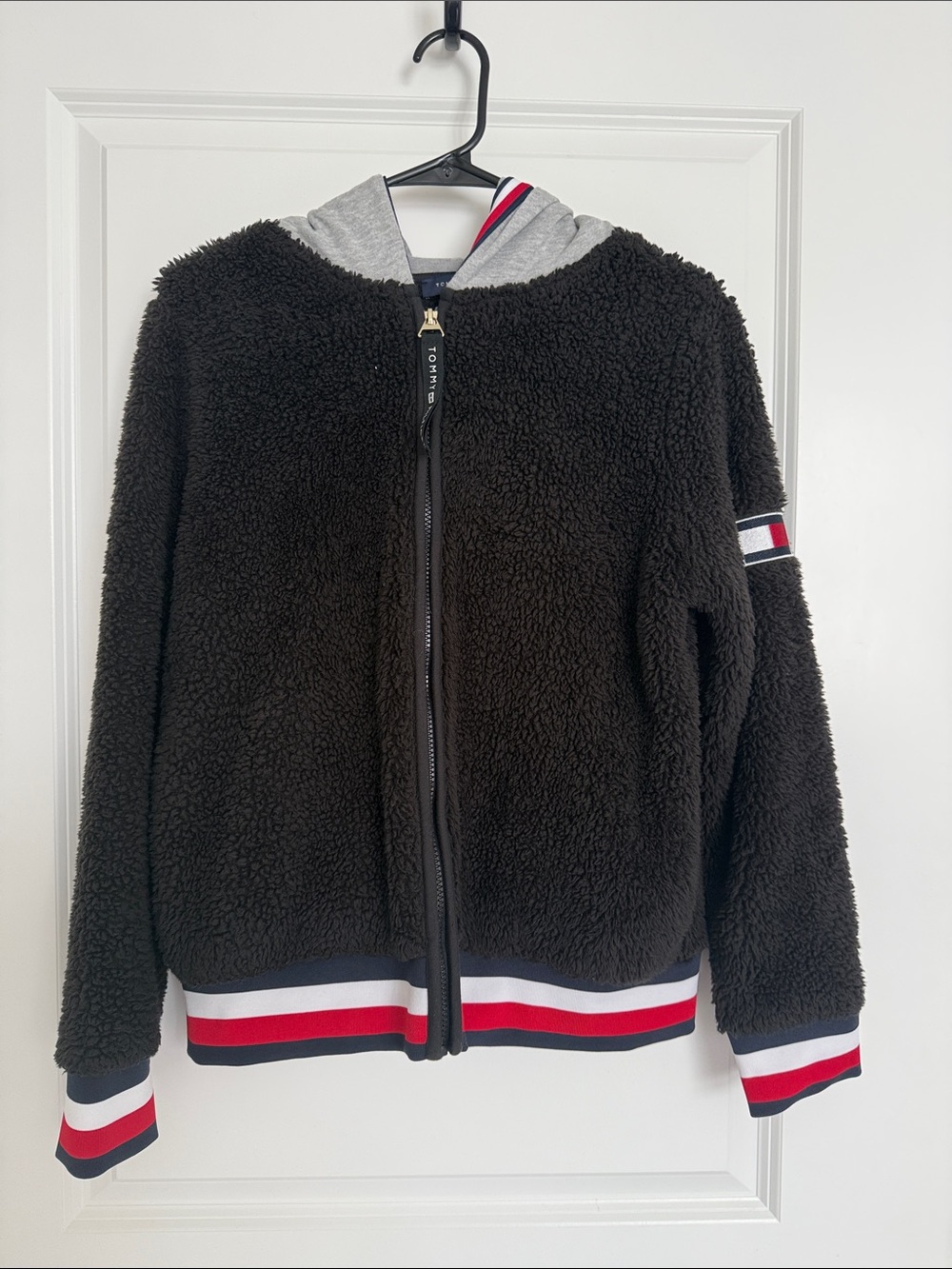 Tommy Hilfiger Black Sherpa Zip Hoodie with Red White Navy Stripe Trim